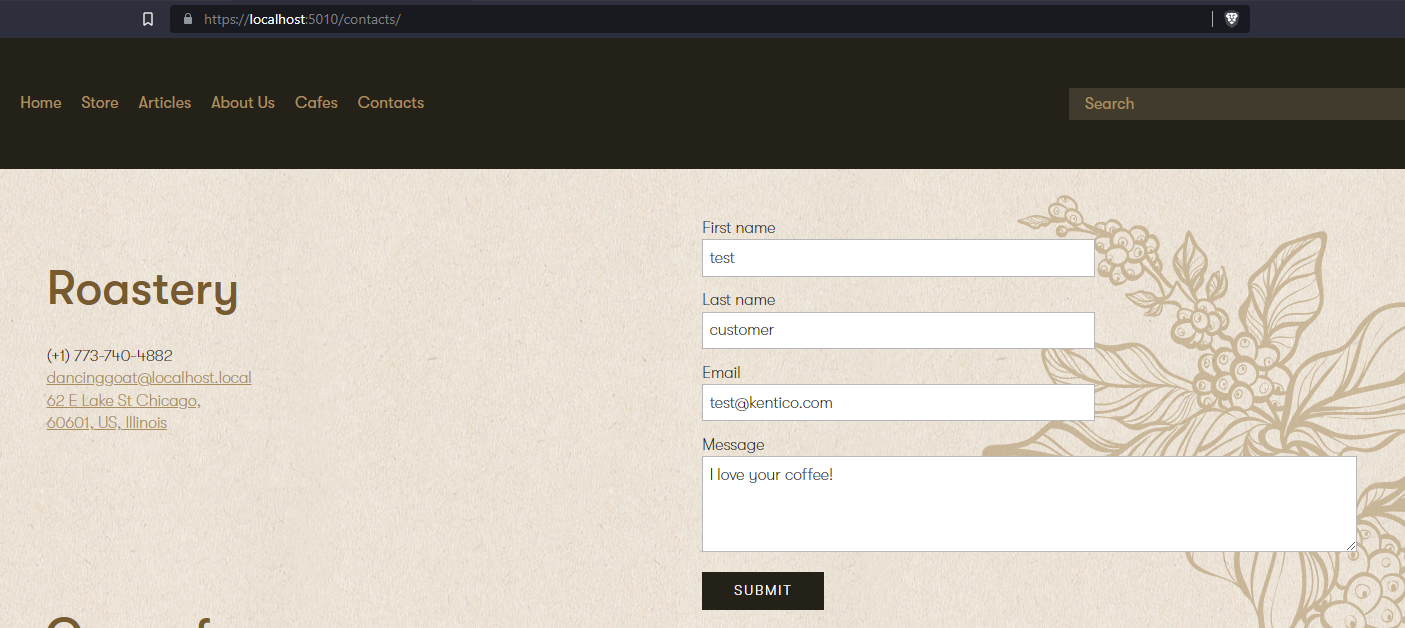 Filled out Contact form on a website
