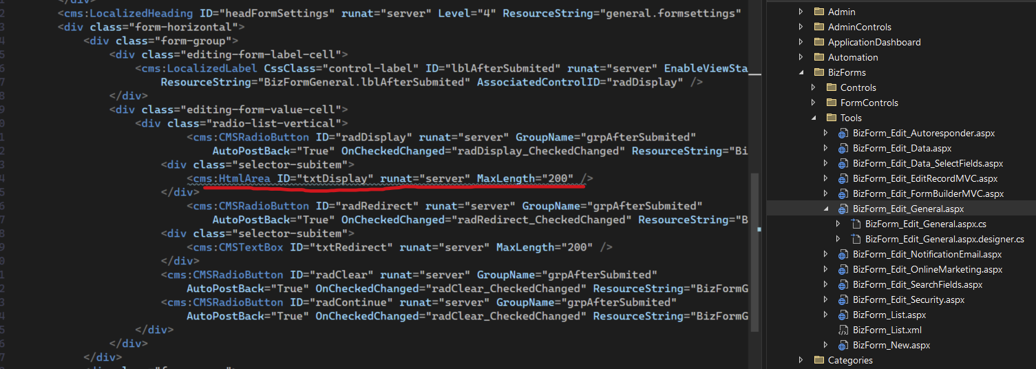 Change to ASPX markup with HtmlArea control