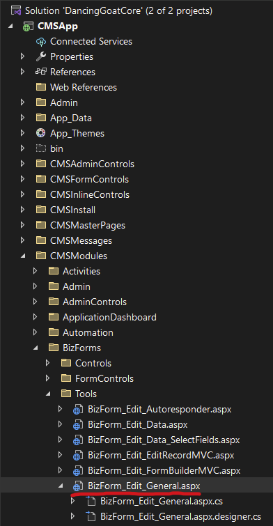 Visual Studio Solution Explorer showing path to Form metadata UI control file