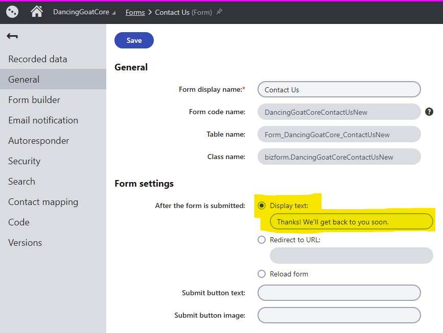 Form metadata in Kentico Xperience administration interface