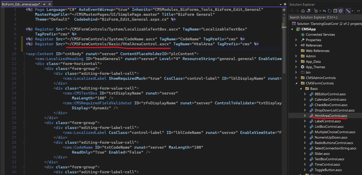 ASPX markup for Form metadata UI