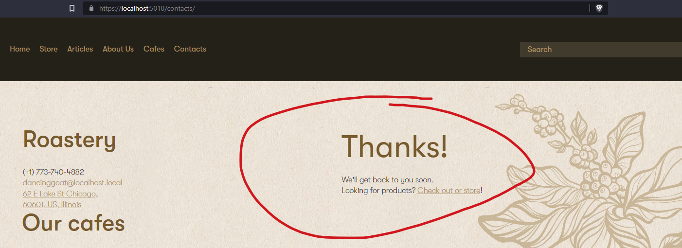 Thank you message with a link displayed on a website