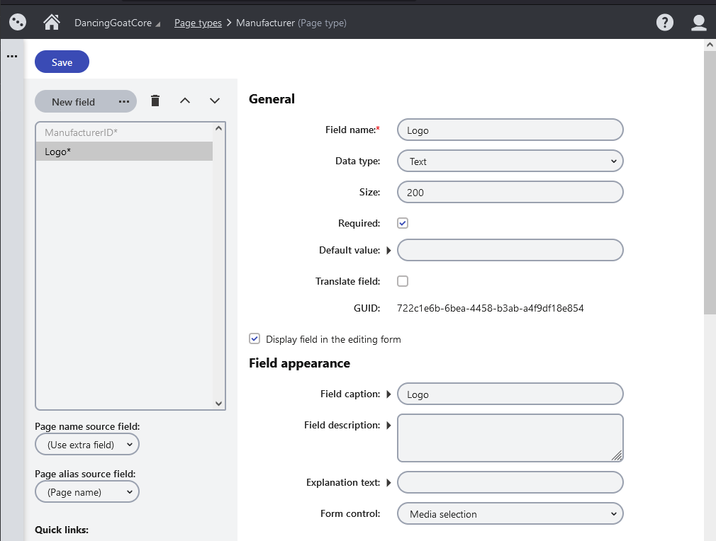 Media Selection Form Control UI for a Page Type field