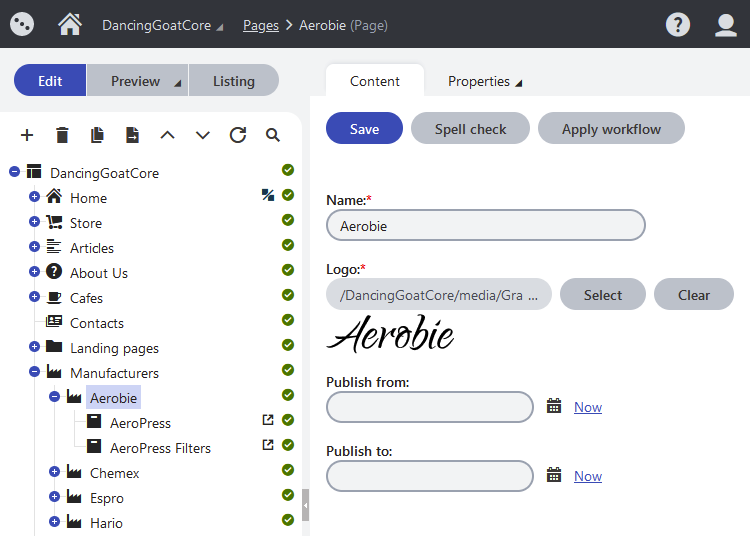 Page Content tab for Media Selection Form Control