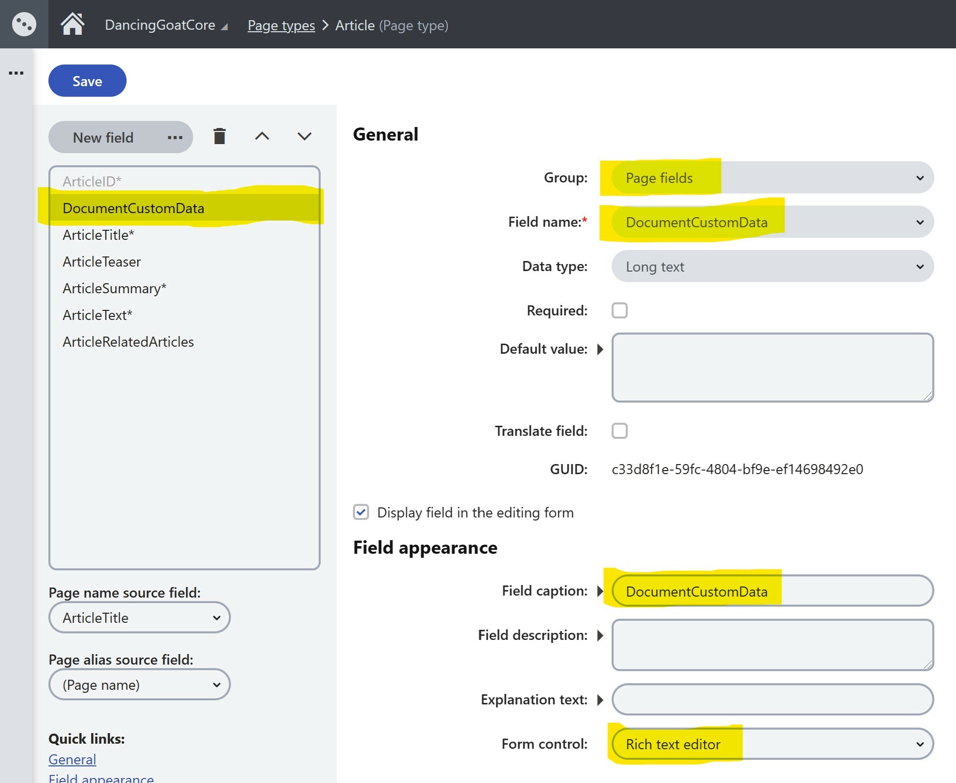 Page Type field editor using DocumentCustomData directly