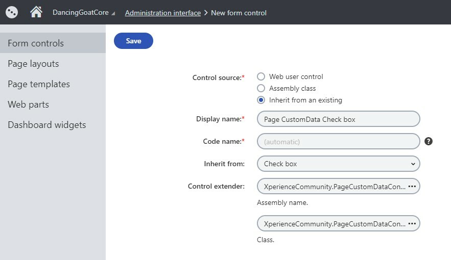 New Form Control dialog