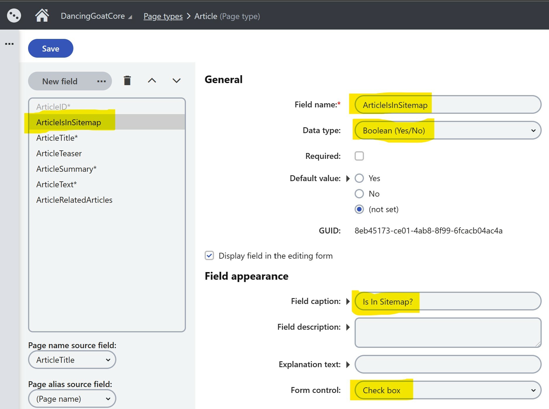 Page Type field dialog