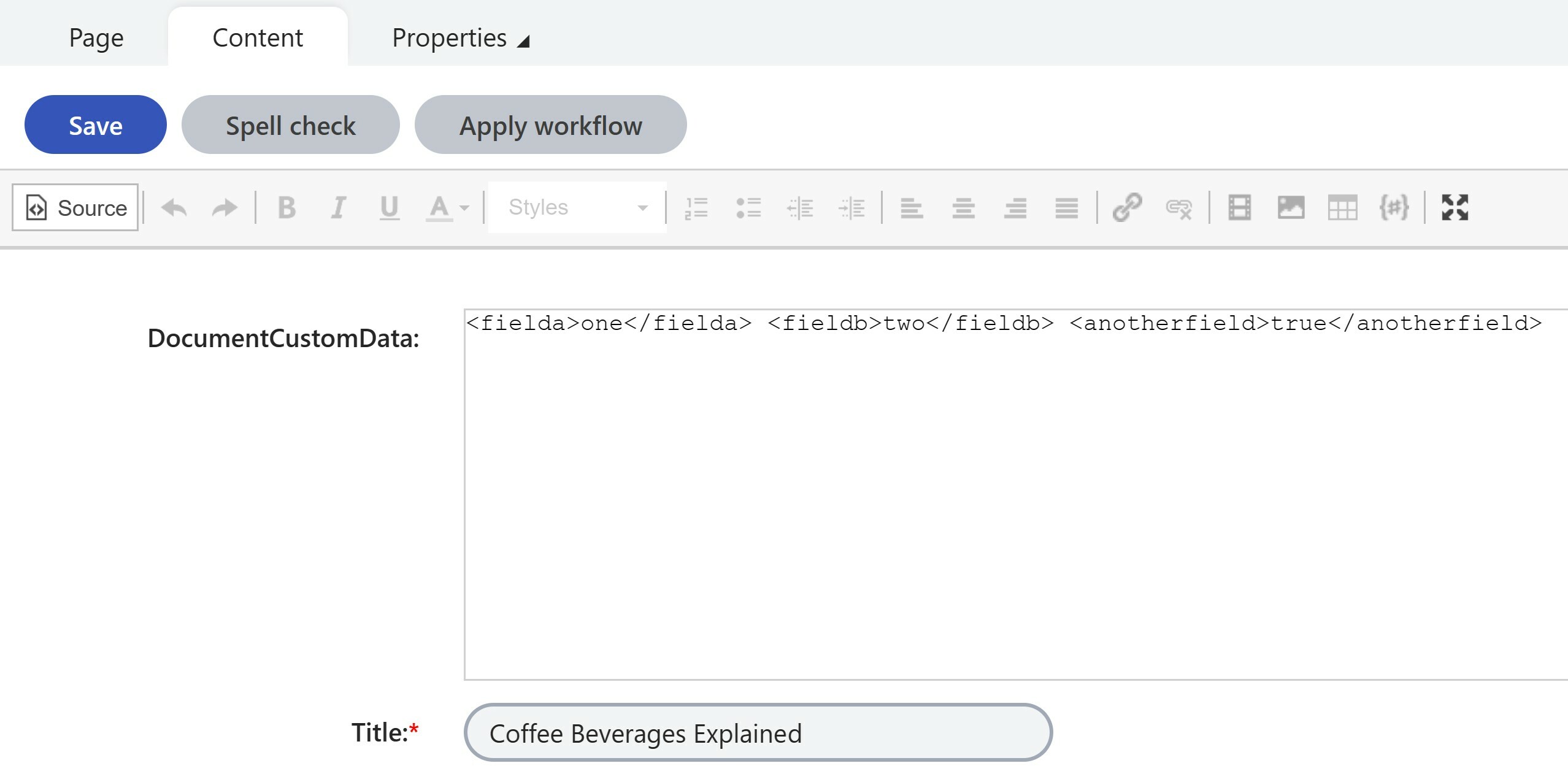 Rich text editor showing XML