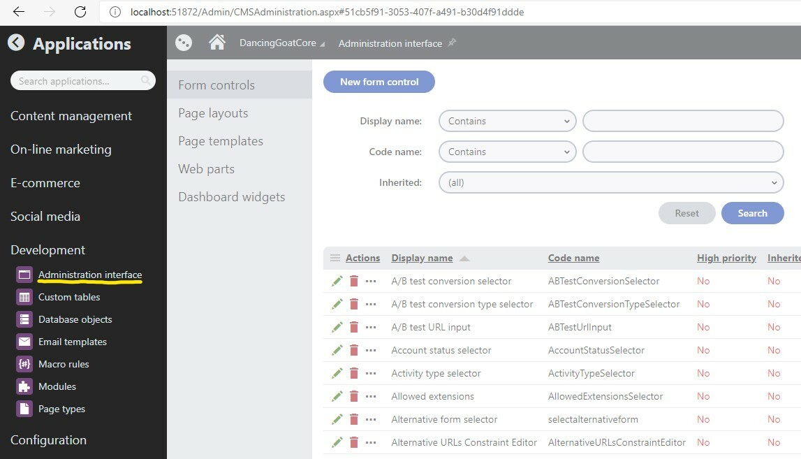 Administration interface menu item
