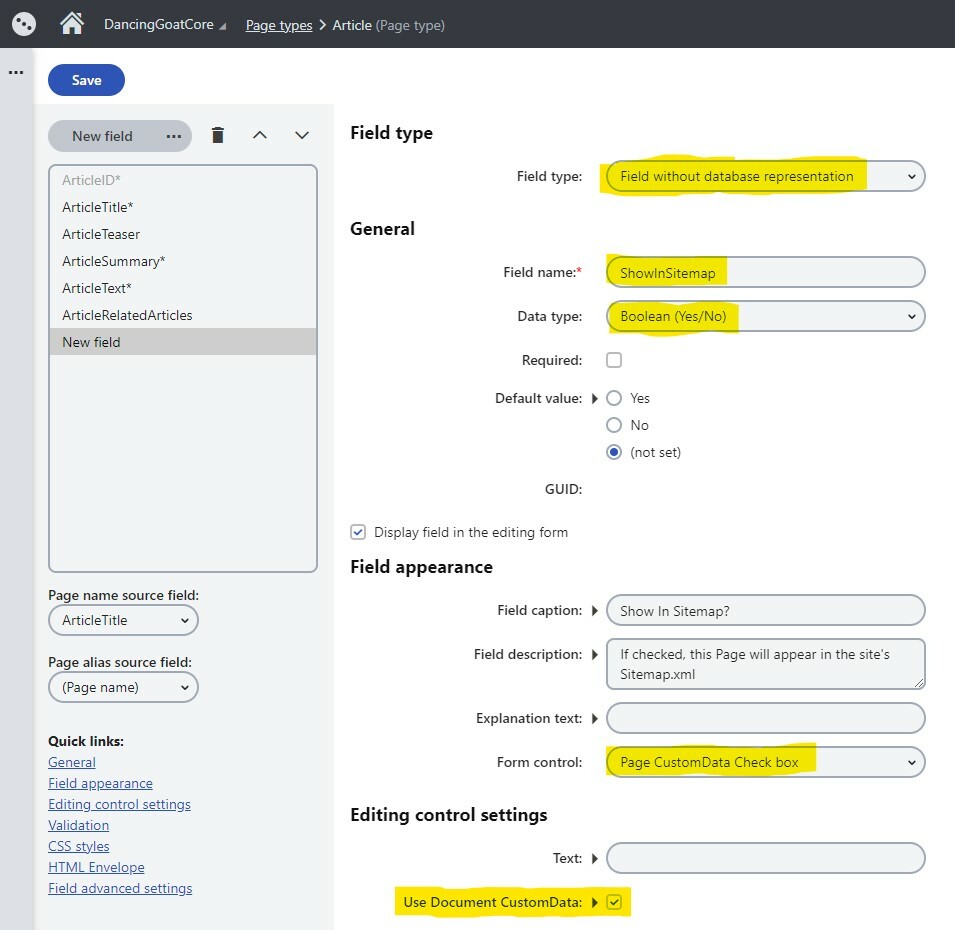New Page Type field dialog
