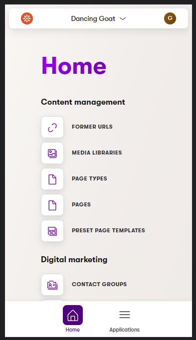 Xperience by Kentico home dashboard in a mobile viewport