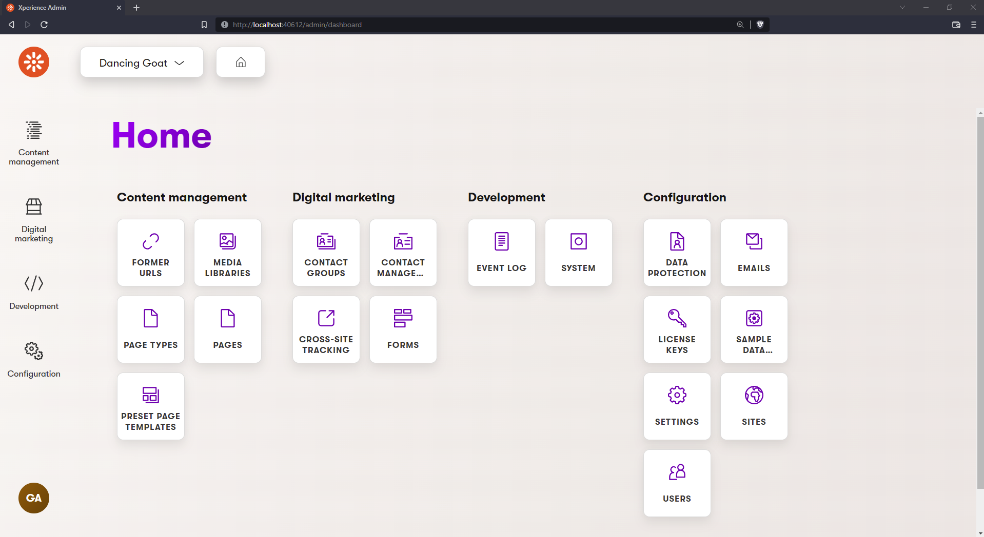 Xperience by Kentico home dashboard with application tiles