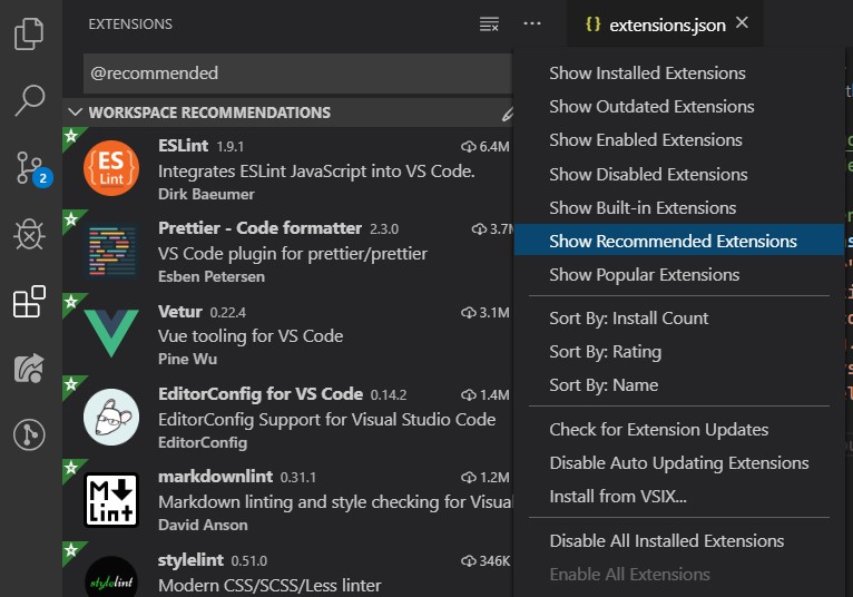 Extensions in VS Code filtered to @recommended only