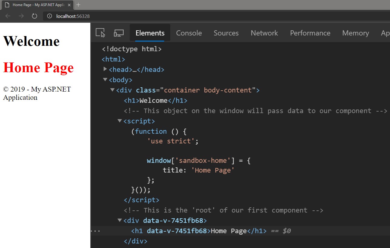 page loaded in the browser showing our Vue.js app is running