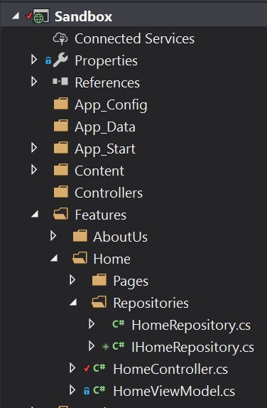 Solution view of the Sandbox project with a repository interface and class added for the Home feature