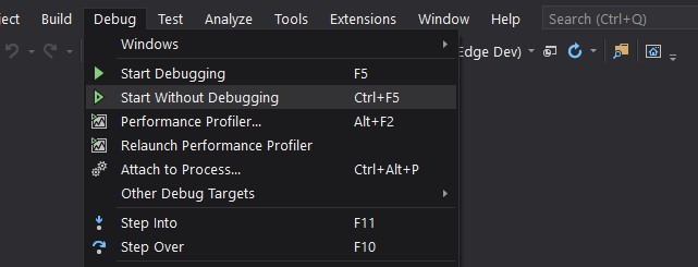 Debugging menu option in Visual Studio