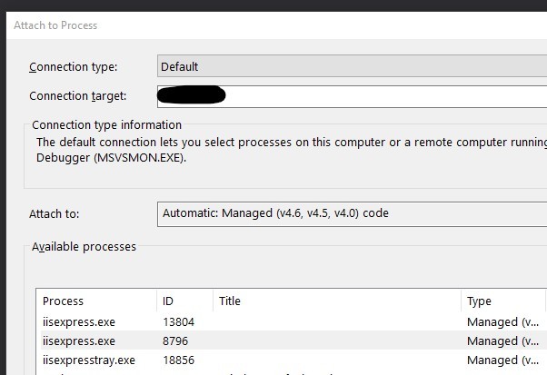 Visual Studio process list dialog