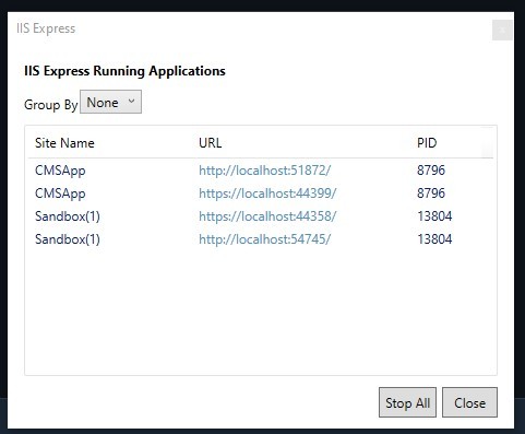 IIS Express application list with URLs and process ids