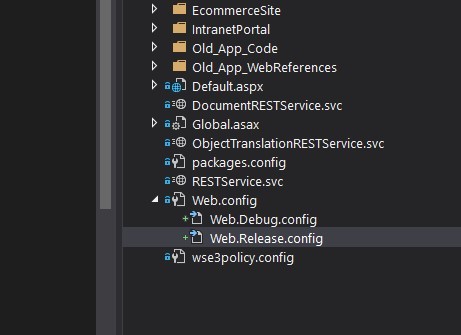 Visual Studio solution explorer showing the web.Debug.config and web.Release.config nested under a web.config file