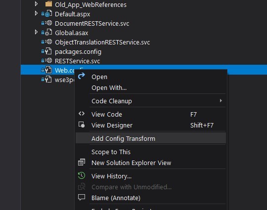 Visual Studio solution explorer right click context menu on the web.config file