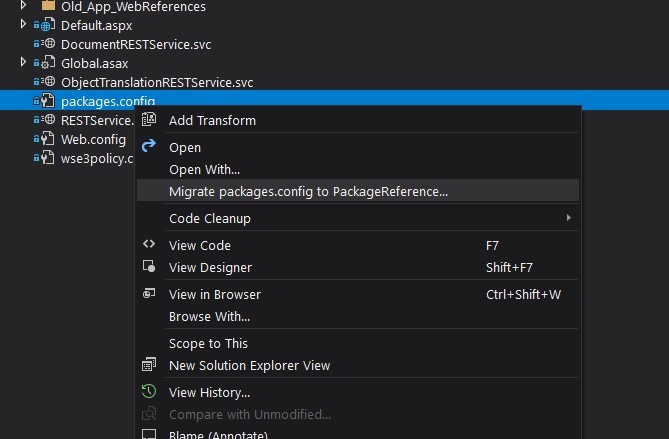 Visual Studio solution explorer right click context menu on the packages.config file