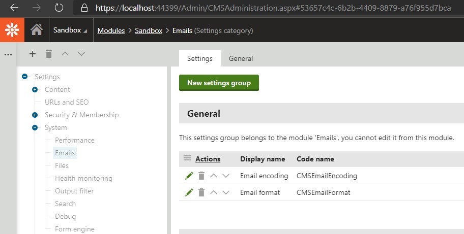 Kentico Settings tree within the Sandbox Custom Module