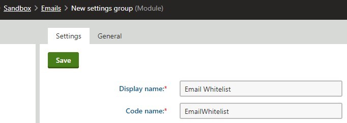 New settings group named Email Whitelist