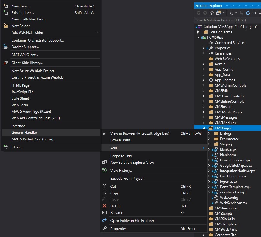 Visual Studio Project UI context menu for adding a Generic Handler