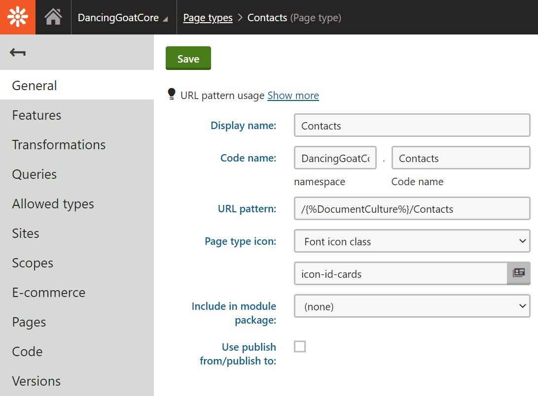 Custom Page Type General settings view