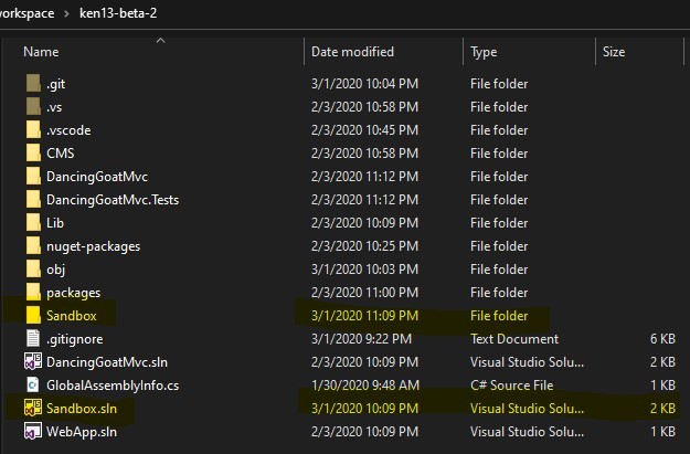 Windows Explorer showing new project folder and solution file