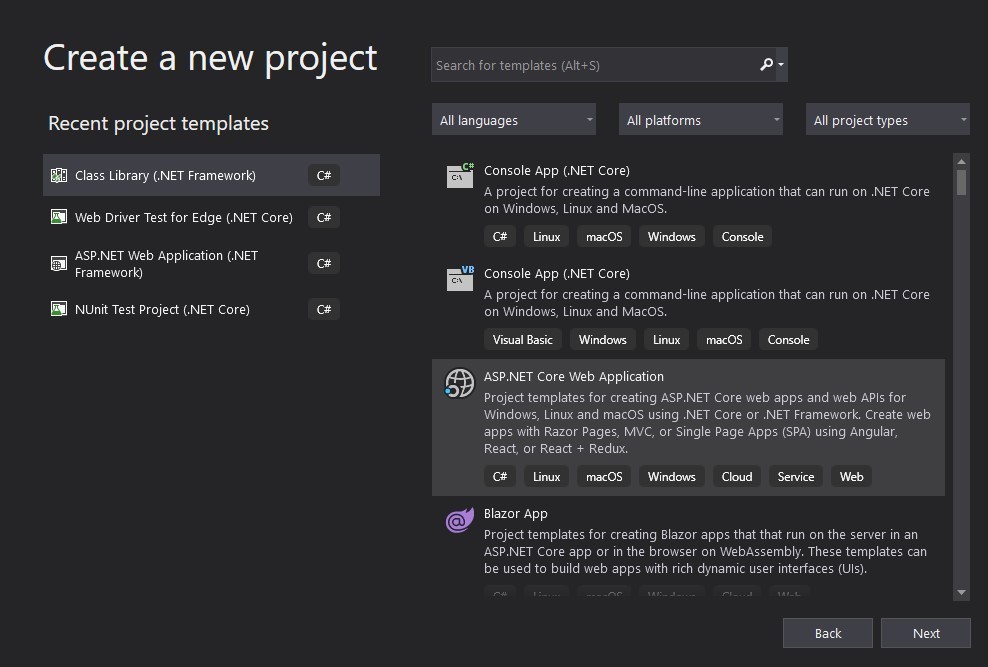 Visual Studio Project picker UI