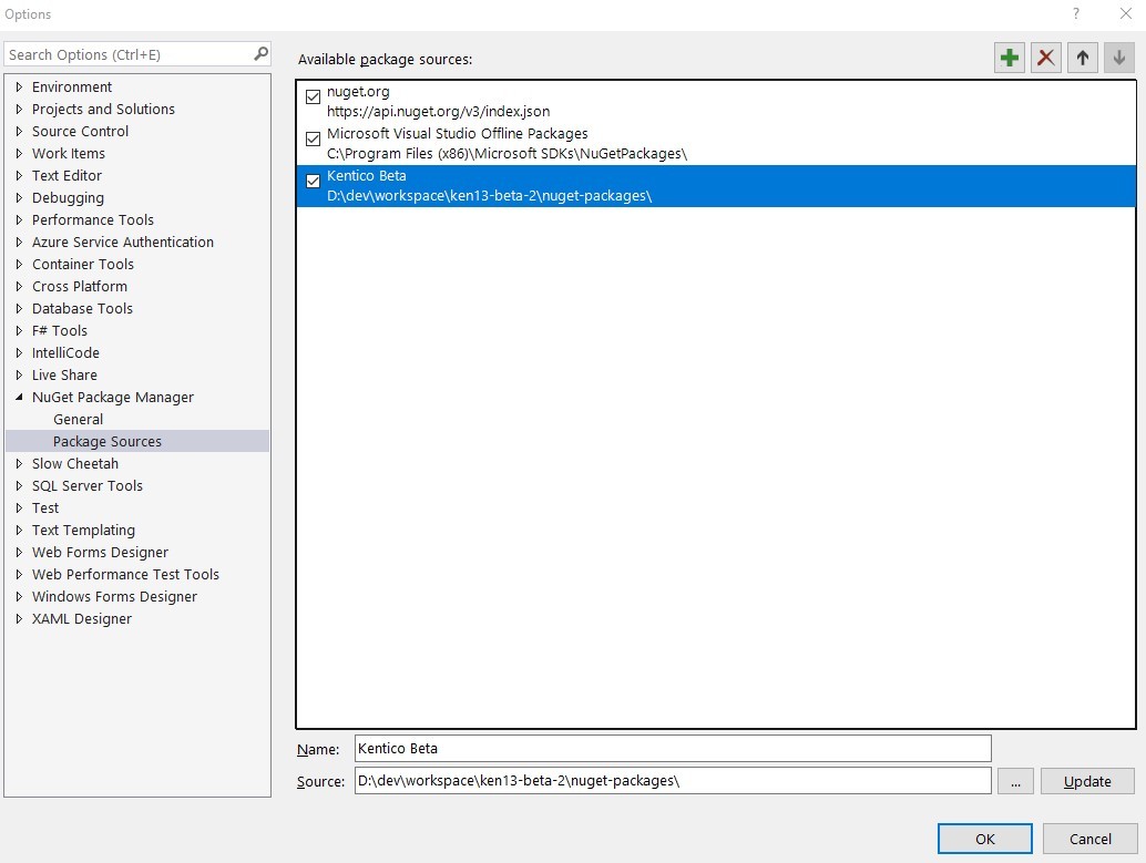 Visual Studio Nuget package sources dialog