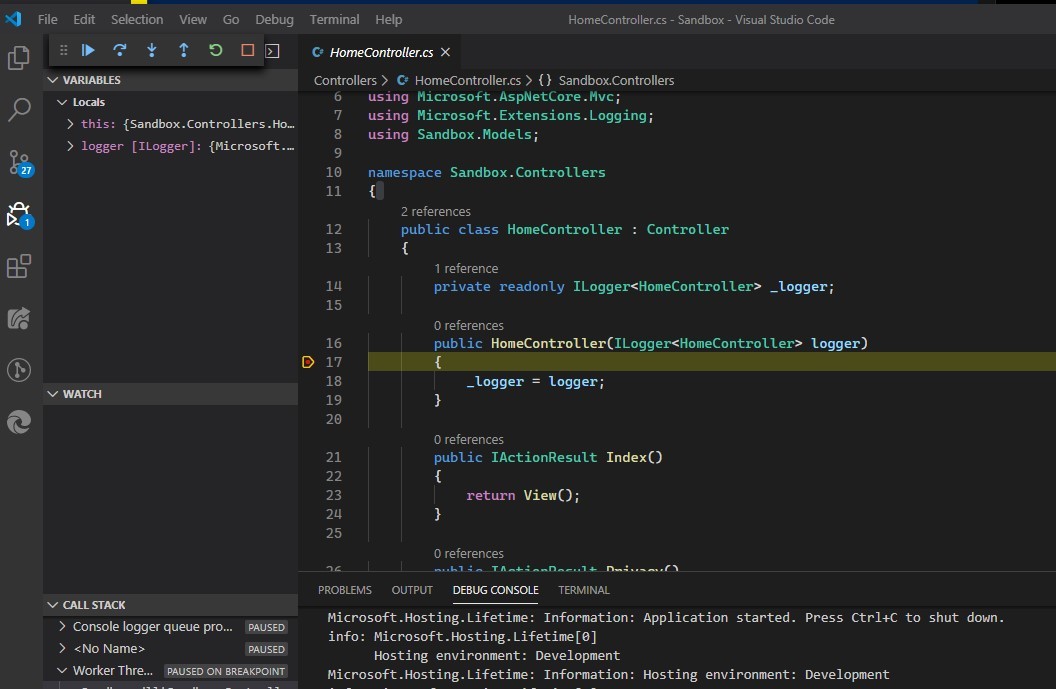 VS Code Command Palette with Debug: Start Debugging selected