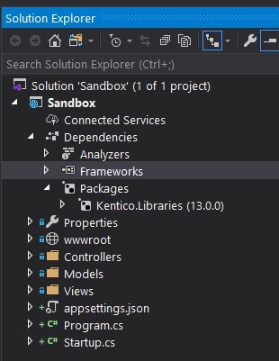 New project dependencies node showing Kentico.Libraries package