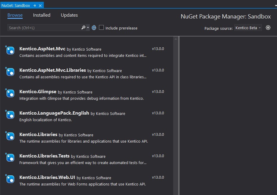 List of Kentico beta NuGet packages in Visual Studio