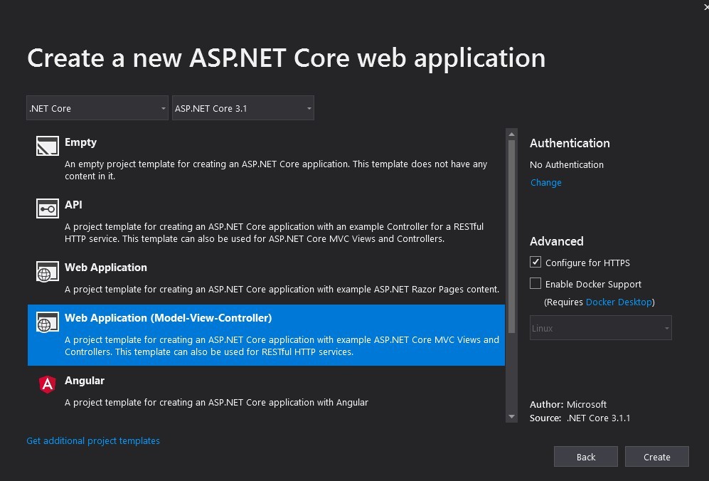 ASP.NET Core MVC project template selected