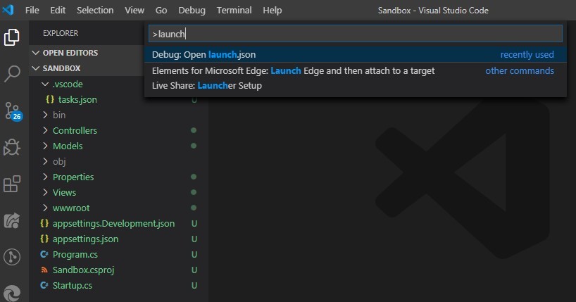 VS Code Command Palette with Debug: Open launch.json selected
