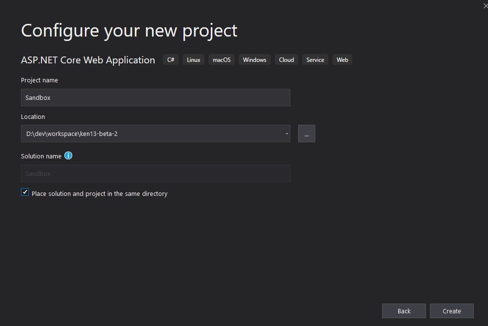 Dialog for entering a project name, path, solution file
