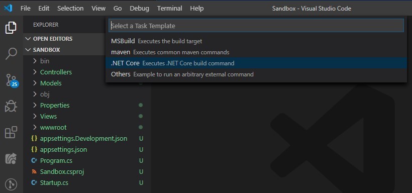 VS Code Command Palette box with tasks creation option selected