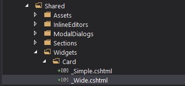 Visual Studio solution tree showing two new files under the paths ~/Views/Shared/Widgets/Card/_Simple.cshtml and ~/Views/Shared/Widgets/Card/_Wide.cshtml
