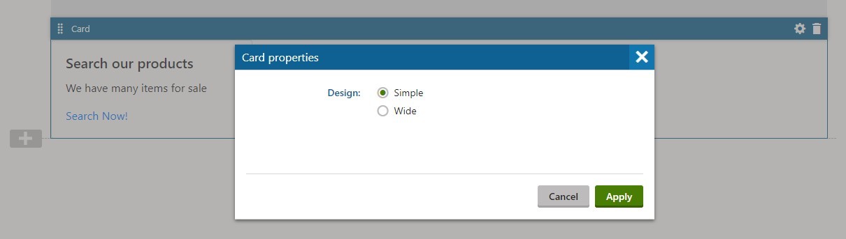 EMS Page Builder UI dialog with radio button options “Simple” and “Wide”