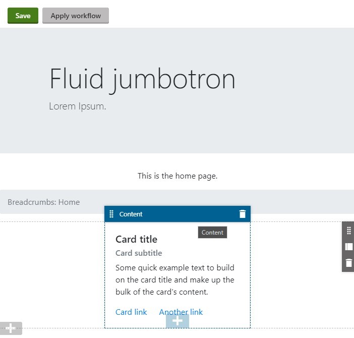 View of the Pages module in the CMS showing a Content Widget rendered in an MVC section below the Home view content