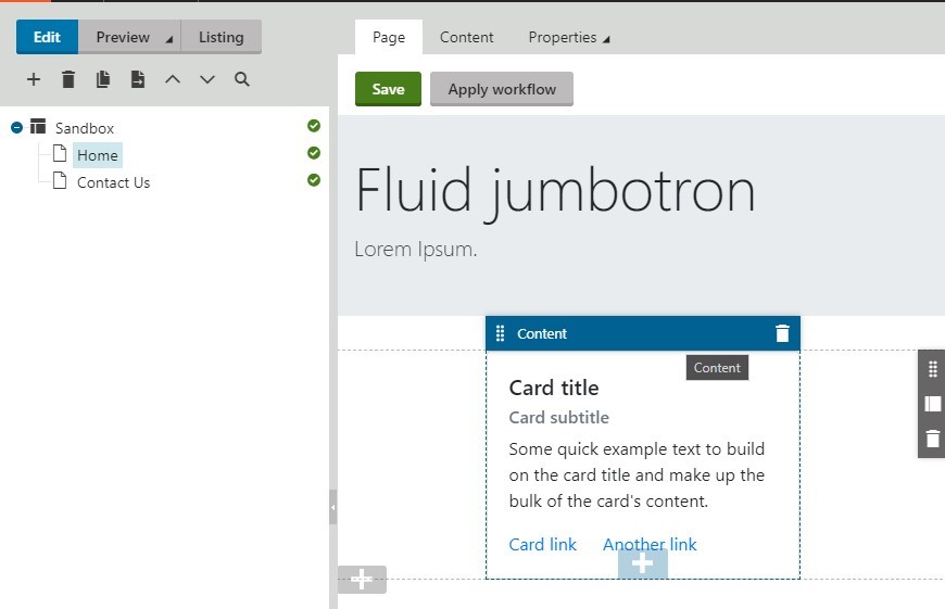 View of the Pages module in the CMS showing a Content Widget on the home page