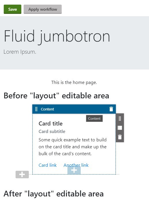 View of the Pages module in the CMS showing a Content Widget rendered below the Home view content and between two h3 elements