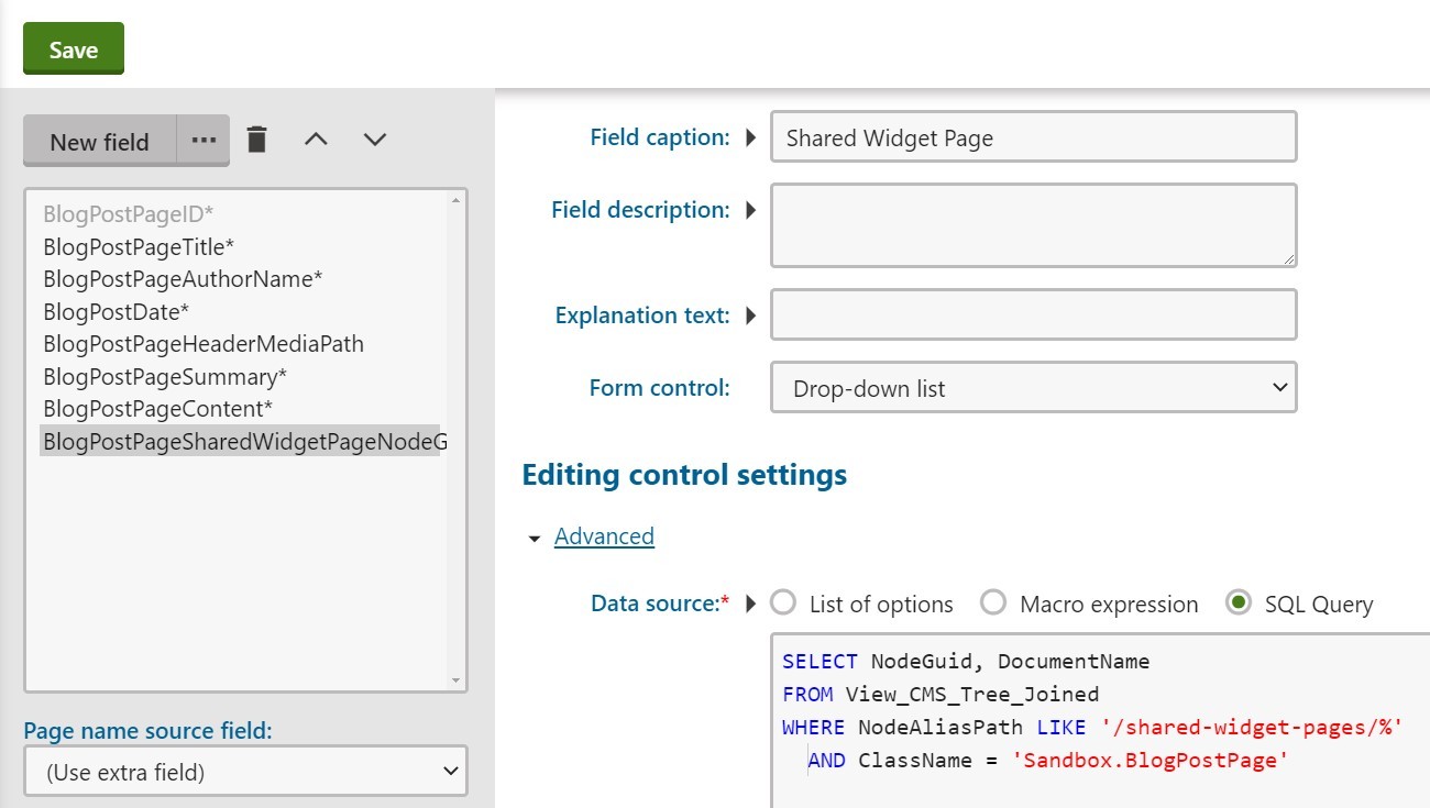 Kentico CMS Page Type field definition screen