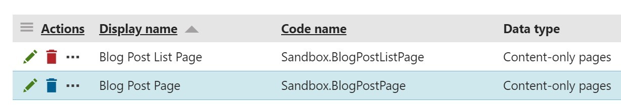 Blog Page Types listed in the CMS