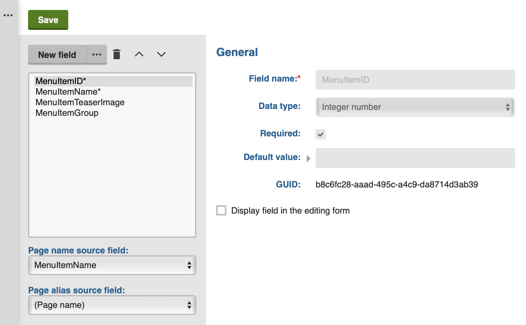 Classic Page (menu item) Page Type field definition