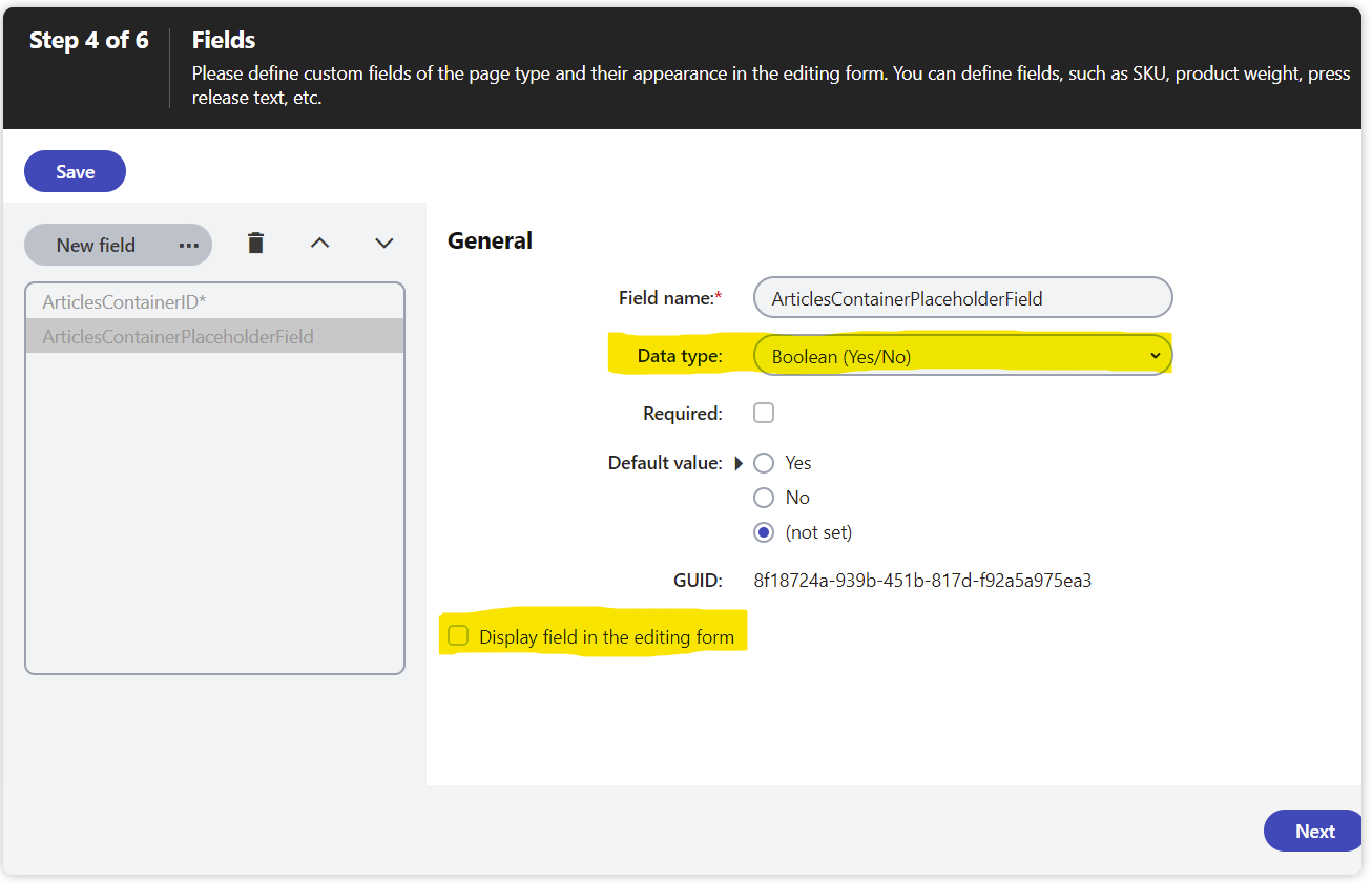 Creating a place holder custom field for a container Page Type