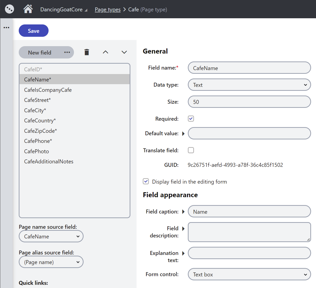 Page Type application showing the fields of the Cafe Page Type