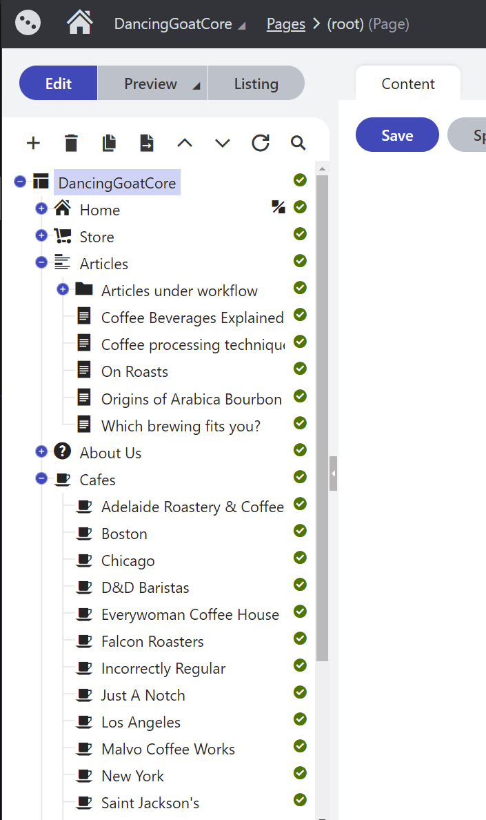 Article and Cafe Pages in the Content Tree